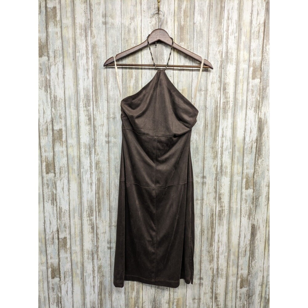 BCBG MAXAZRIA Mocha Mousse Brown Faux Suede Halter Beaded Neck Mini Dress Small